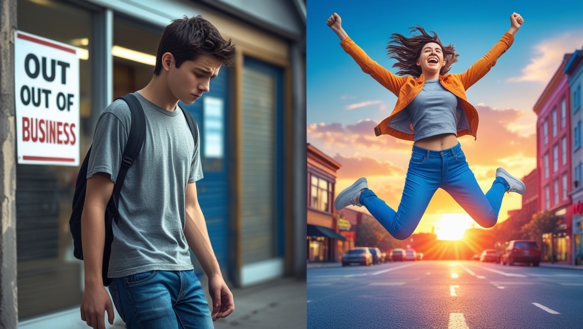 A dramatic transition from disappointment to triumph — a young man walking away from a closed store, followed by a woman joyfully leaping in the city at sunset, symbolizing emotional recovery and new hope.