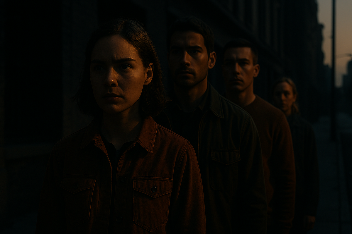 A dramatic, cinematic scene of determined people standing silently in line on a shadowy street at dawn, tense atmosphere, emotional expressions, urban noir style, cinematic lighting, 16:9