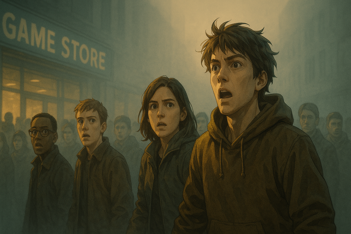 A crowd of shocked and breathless gamers staring in disbelief outside a game store, overwhelmed by a sudden, mysterious product release — tension, urgency, and raw anticipation in the air.