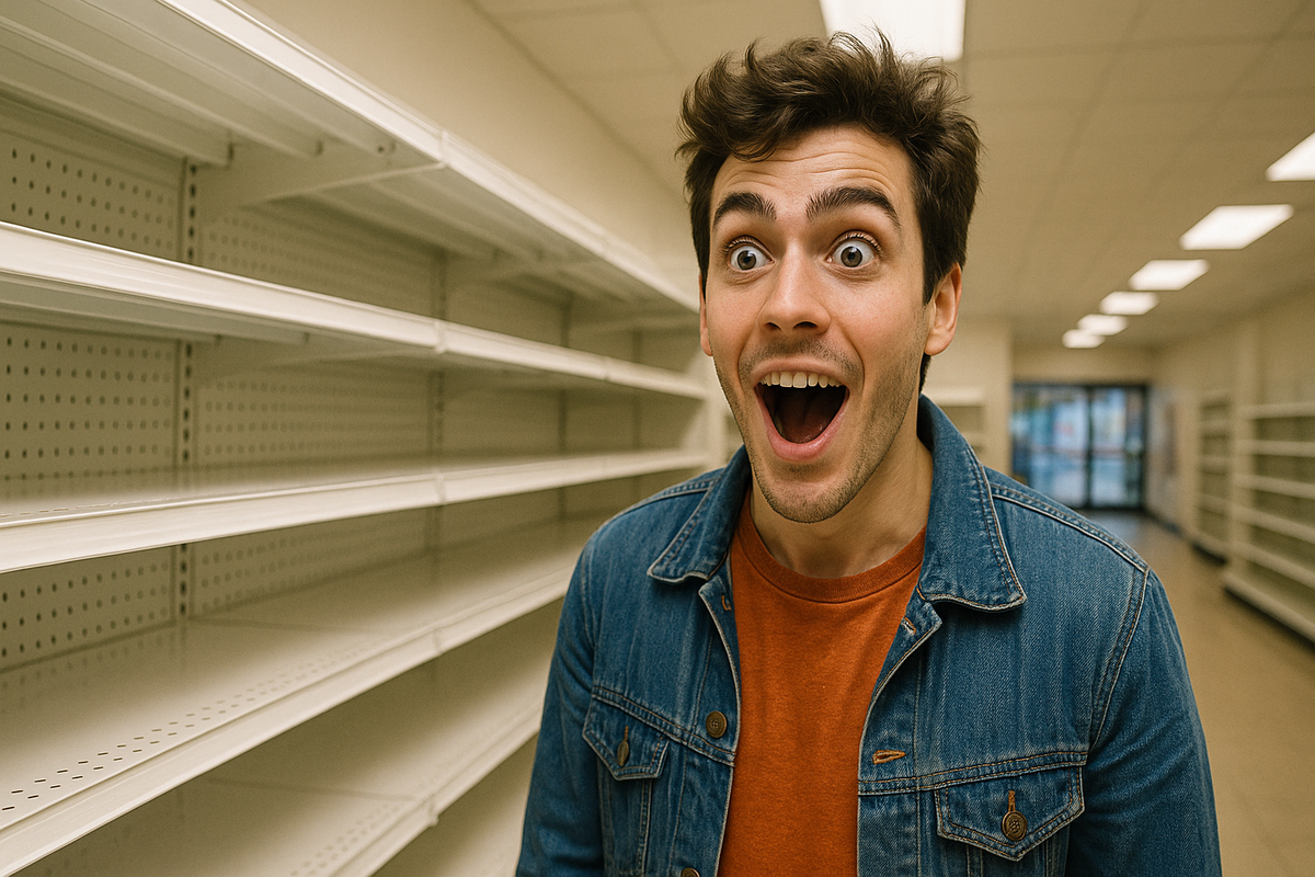 A young man with a shocked and hopeful expression standing in front of empty store shelves, brightly lit retail space, wide-angle perspective — 16:9, no logos, realistic emotion