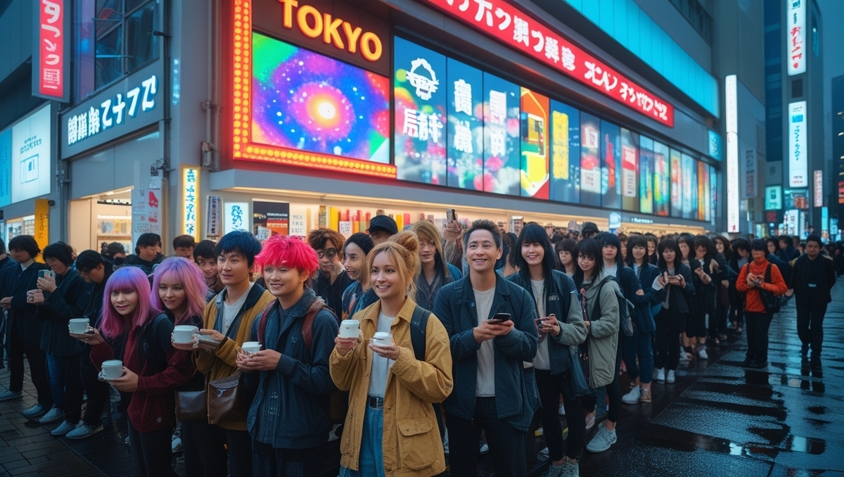 Joyful crowd lining up in Tokyo for a major tech release, buzzing with anticipation and youthful excitement on a vibrant morning.