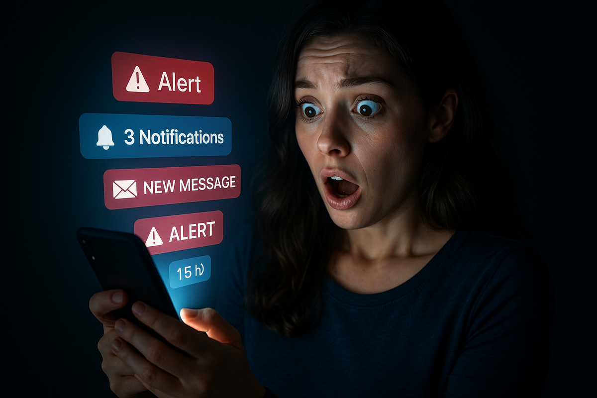 Shocked woman stares at smartphone screen, overwhelmed by sudden alert messages. An emotional moment of surprise and urgency in the digital age."