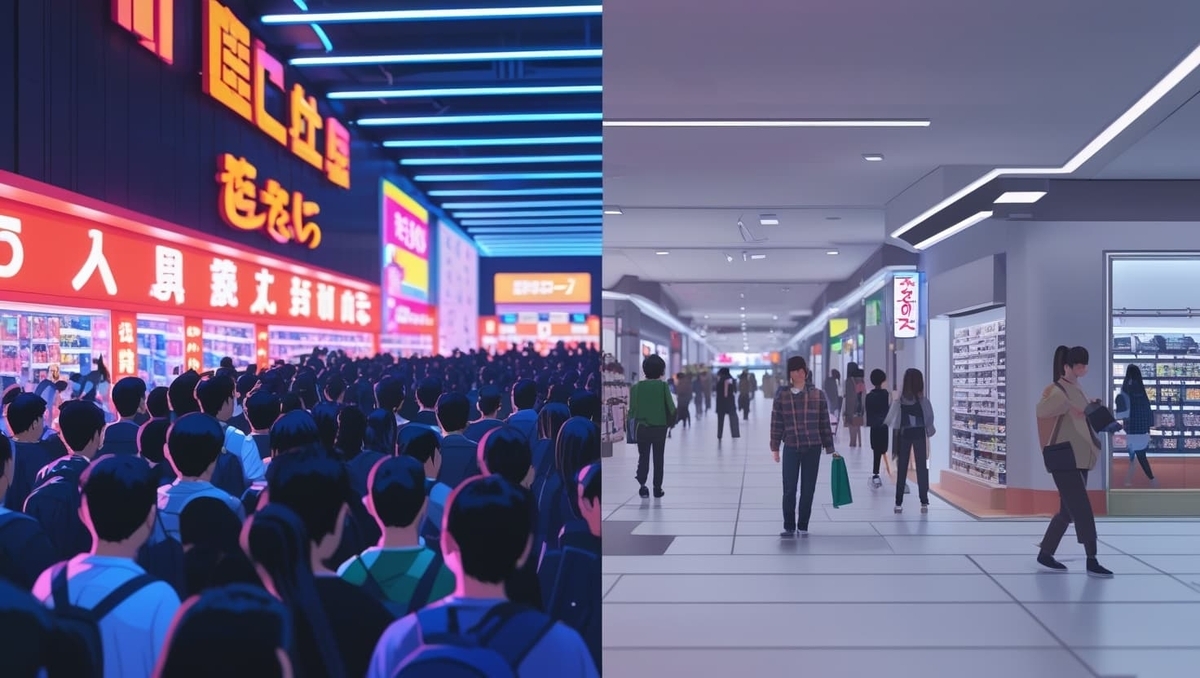 A vibrant split-screen illustration showing the emotional contrast between a bustling, crowded electronics megastore and a calm, spacious local mall — capturing the tension of supply hunt and the serenity of quiet discovery.