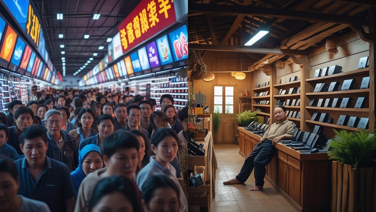 A chaotic urban electronics store packed with anxious shoppers, contrasted with a peaceful rural shop filled with quiet serenity and untouched game consoles.