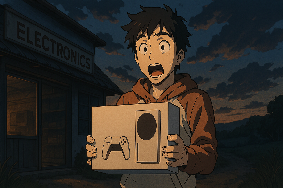 A stunned young man holding a newly purchased game console in front of a rural electronics store at sunset, capturing the raw joy and disbelief of an unexpected lucky find.