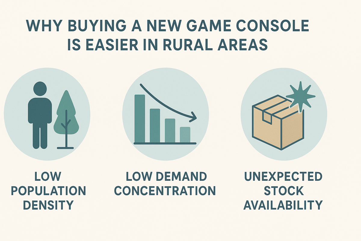 A clear and engaging infographic visually explaining why buying a new game console is easier in rural areas – highlighting peaceful population density, relaxed demand, and surprising stock availability. Calm colors evoke trust and delight.