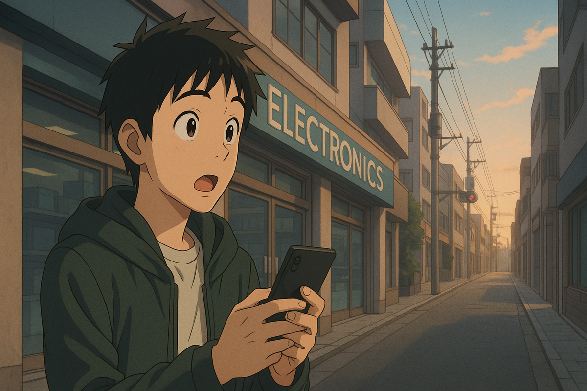 Hopeful young gamer discovering a surprise Switch2 restock outside a quiet electronics store at sunrise, filled with excitement and disbelief.