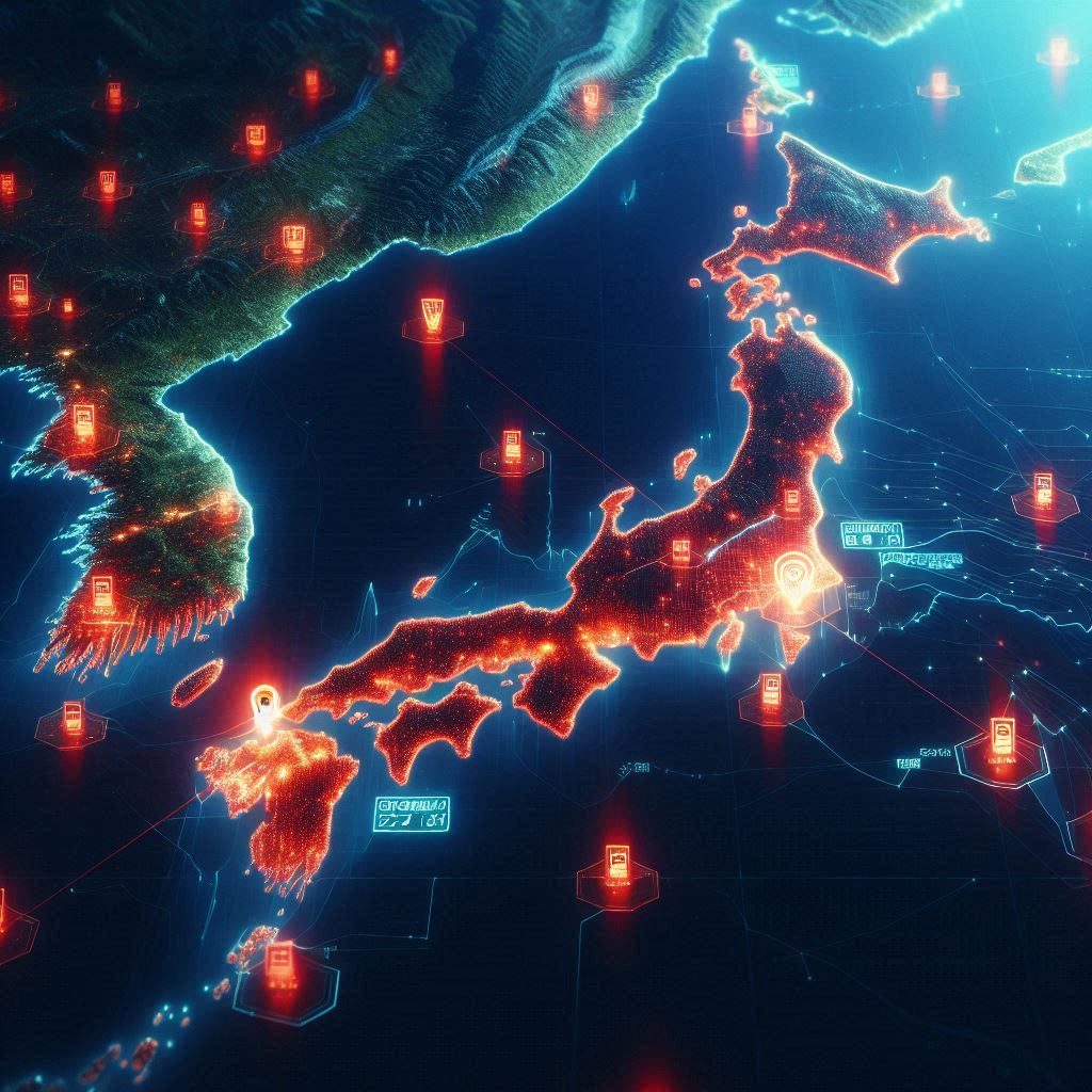 A glowing digital map of Japan at night, highlighting Hokkaido with urgent red store markers—capturing the rising wave of Switch2 sightings and the thrill of chasing the next opportunity.