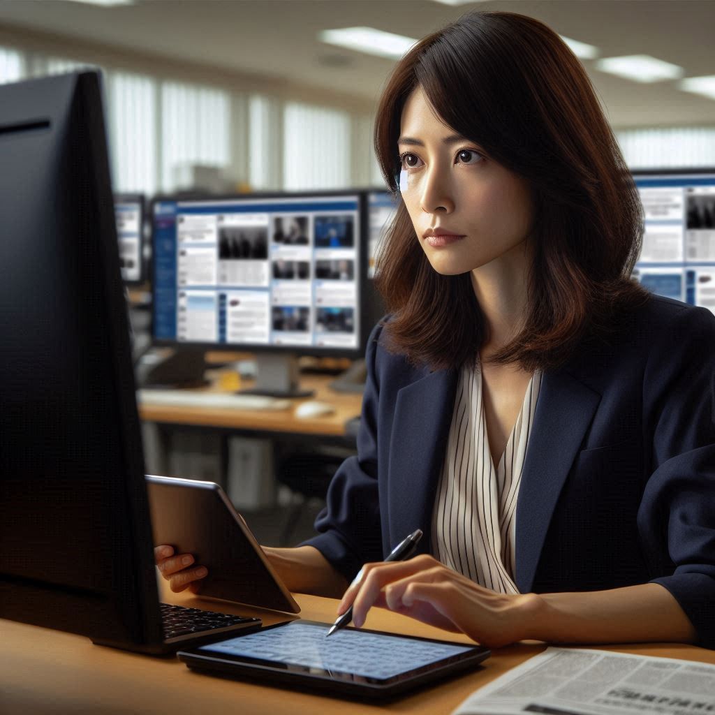 Focused Japanese journalist cross-checking Switch2 news across multiple devices, radiating determination and journalistic integrity in a bright newsroom.