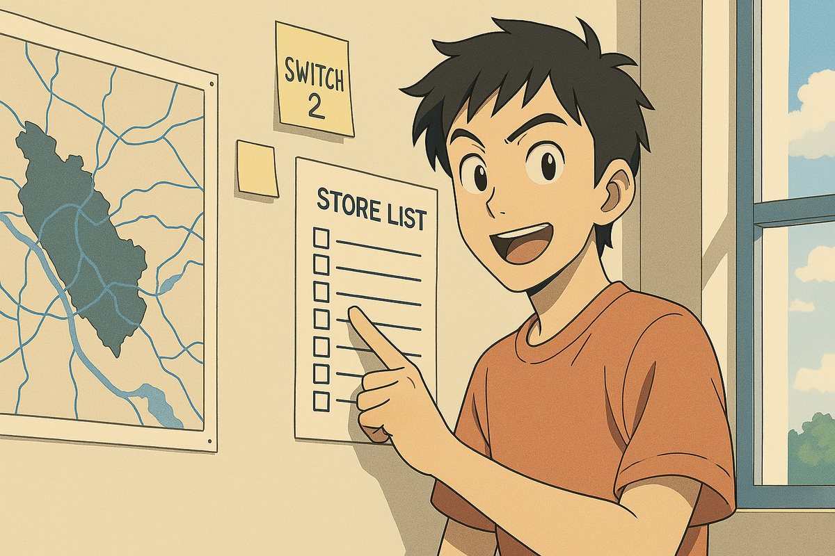Excited young gamer proudly pointing at a Switch2 store list on the wall, filled with optimism and a sense of adventure, sunlight streaming through the window.