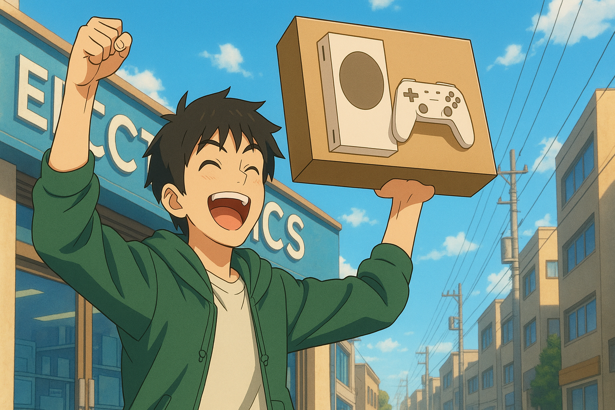 Pure joy radiates from a young gamer who just scored a rare console in Osaka—sunny skies, lucky timing, and an unforgettable victory.