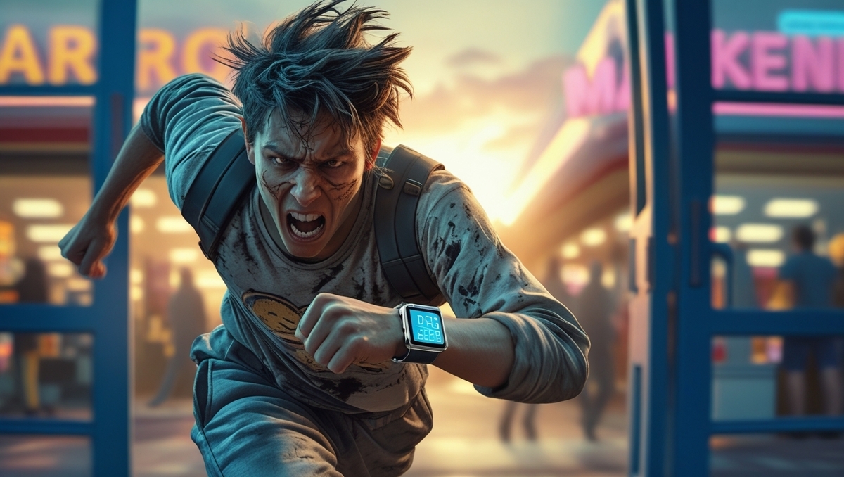 A determined shopper sprinting out of a store at sunrise, face fierce with urgency and joy — the golden moment of winning the ultimate gaming prize.
