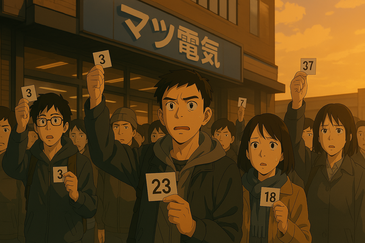 A tense yet hopeful crowd holding lottery numbers in front of a popular electronics store at sunset — a bittersweet moment full of anticipation and dreams