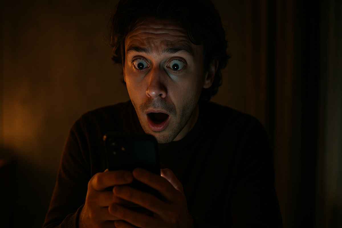A stunned man staring at his phone in disbelief after a shocking lottery result, captured in a dimly lit room with intense emotion
