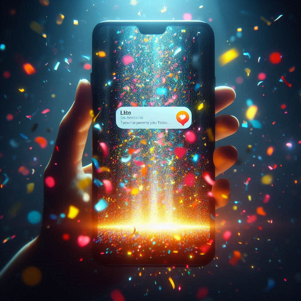 A joyful person receiving a glowing lottery result on their phone, surrounded by dazzling confetti and sparkles of excitement