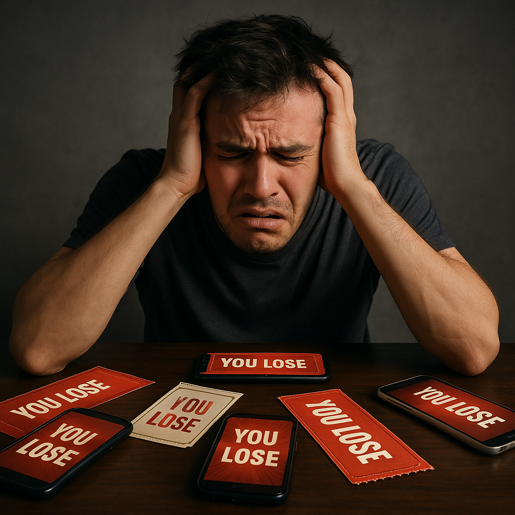 A devastated man overwhelmed by repeated lottery losses, holding his head in despair as red 'YOU LOSE' messages flood his phones