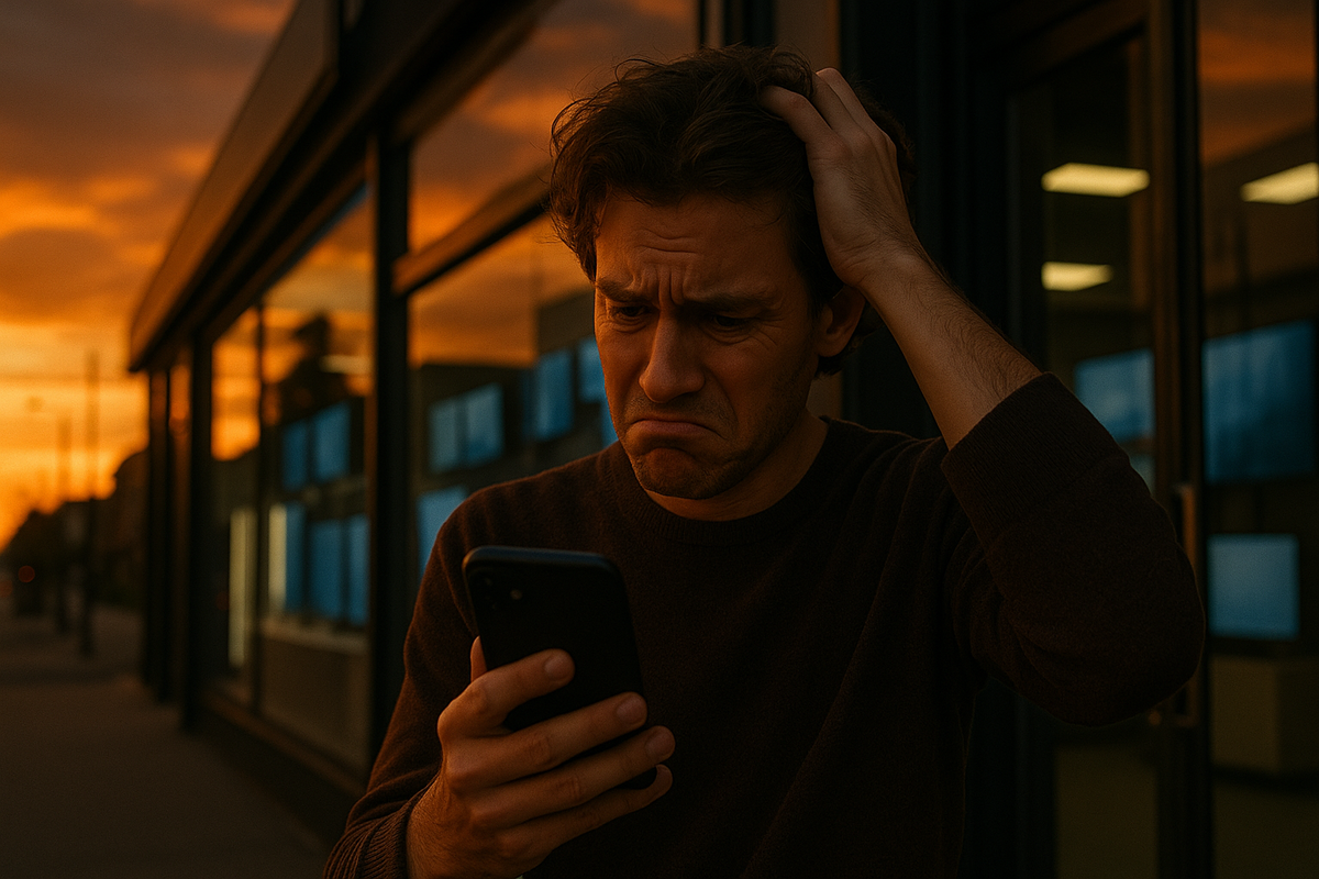 Frustrated man outside an electronics store during sunset, anxiously checking his phone for restock updates — a raw moment of disappointment and urgency