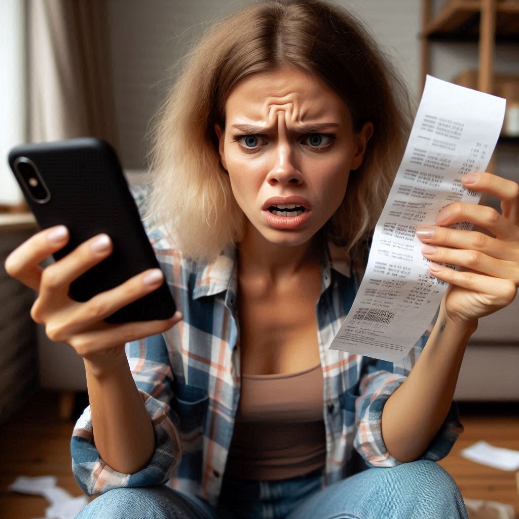 Shocked young woman holding a receipt and phone, overwhelmed by unexpected high prices — an emotional moment of disbelief and frustration