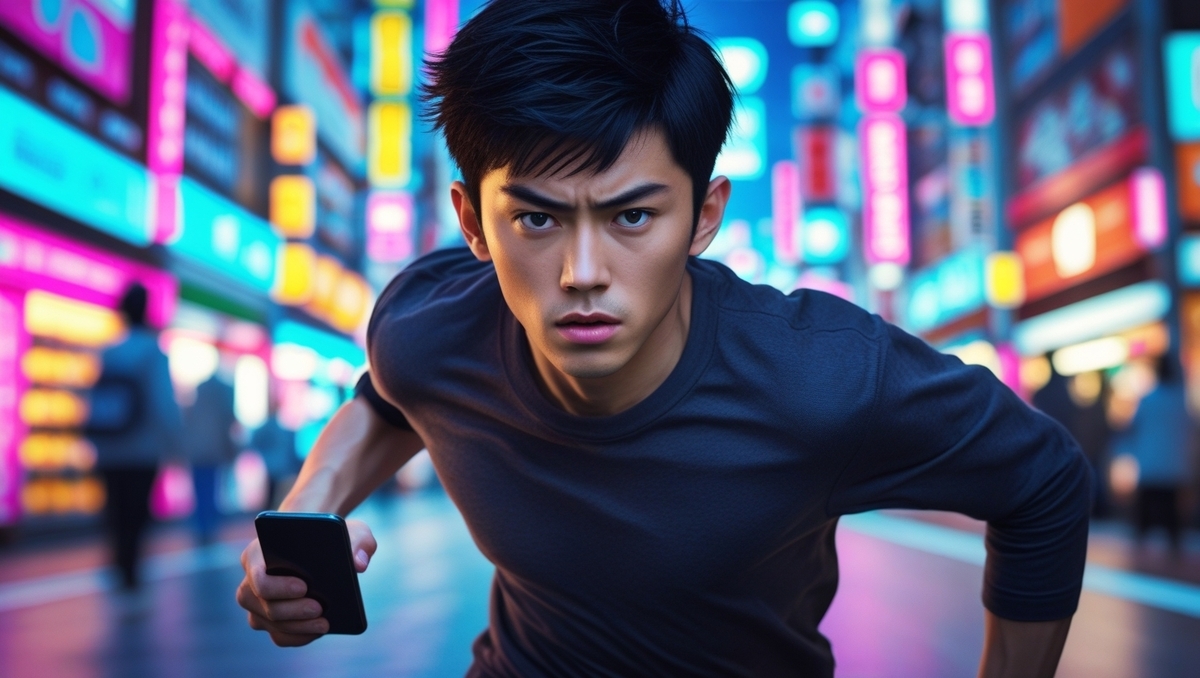 Determined young man rushing through neon-lit city streets with phone in hand, captured in a tense, emotional moment of urgency and anticipation