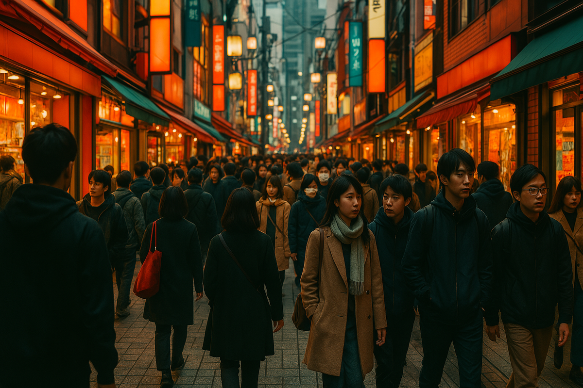 Busy evening shopping street in Japan filled with anxious shoppers, warm glowing lights reflecting urgency and anticipation — a moment just before something sells out