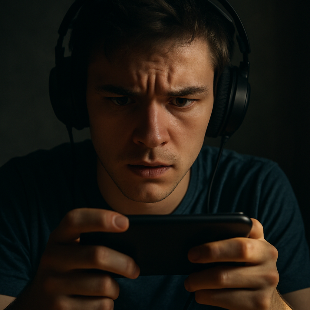 A focused young man wearing headphones, eyes locked on his phone screen with intense anticipation – the silent pressure of waiting for lottery results.