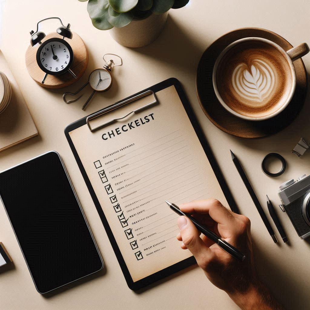 Emotional moment of ticking off goals on a morning checklist, surrounded by cozy items — capturing motivation, focus, and mindful progress.