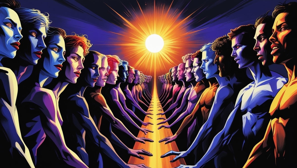 A surreal lineup of diverse individuals reaching toward a radiant sun, symbolizing hope, unity, and the overwhelming tension of a once-in-a-lifetime lottery moment.