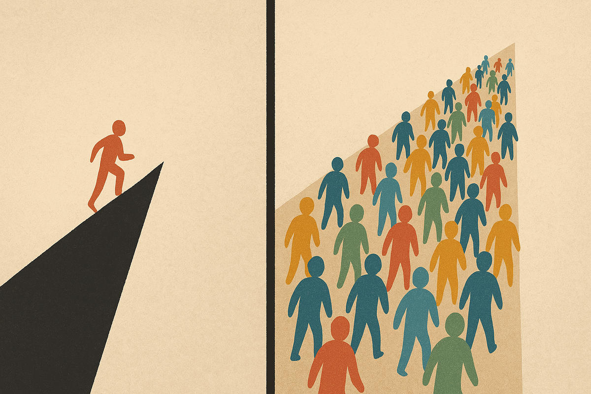A lone red figure standing at the edge, staring at a crowd of colorful people beyond a divide — symbolizing isolation, tension, and the emotional weight of being left out.