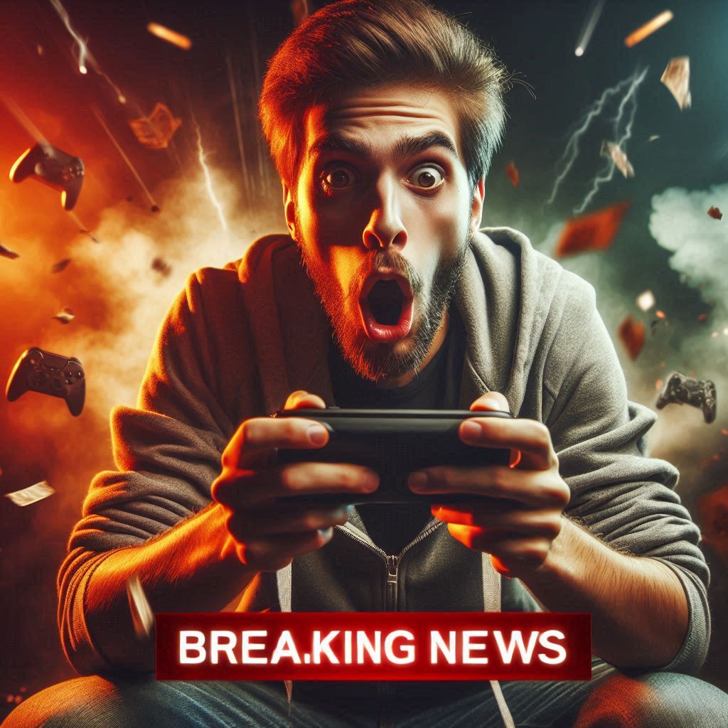 Shocked gamer in a storm of chaos and lightning, symbolizing frustration, disbelief, and unexpected change in gaming rules