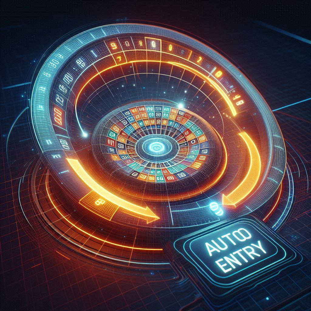 Futuristic auto-entry system with rotating digital wheel, symbolizing anticipation, automation, and silent control behind lottery mechanics