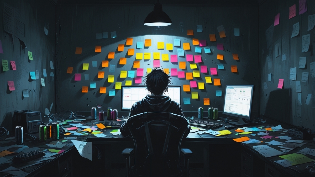 A lone investigator immersed in digital chaos, illuminated by a single beam of light, surrounded by a rainbow of sticky notes—unraveling the secrets behind a shocking mystery.
