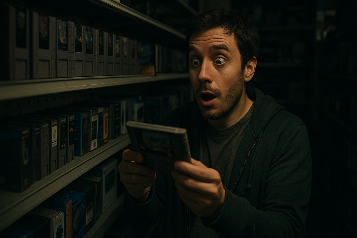 Man in a retro game store gasps in amazement as he discovers a rare nostalgic cartridge, overwhelmed with joy and childhood memories