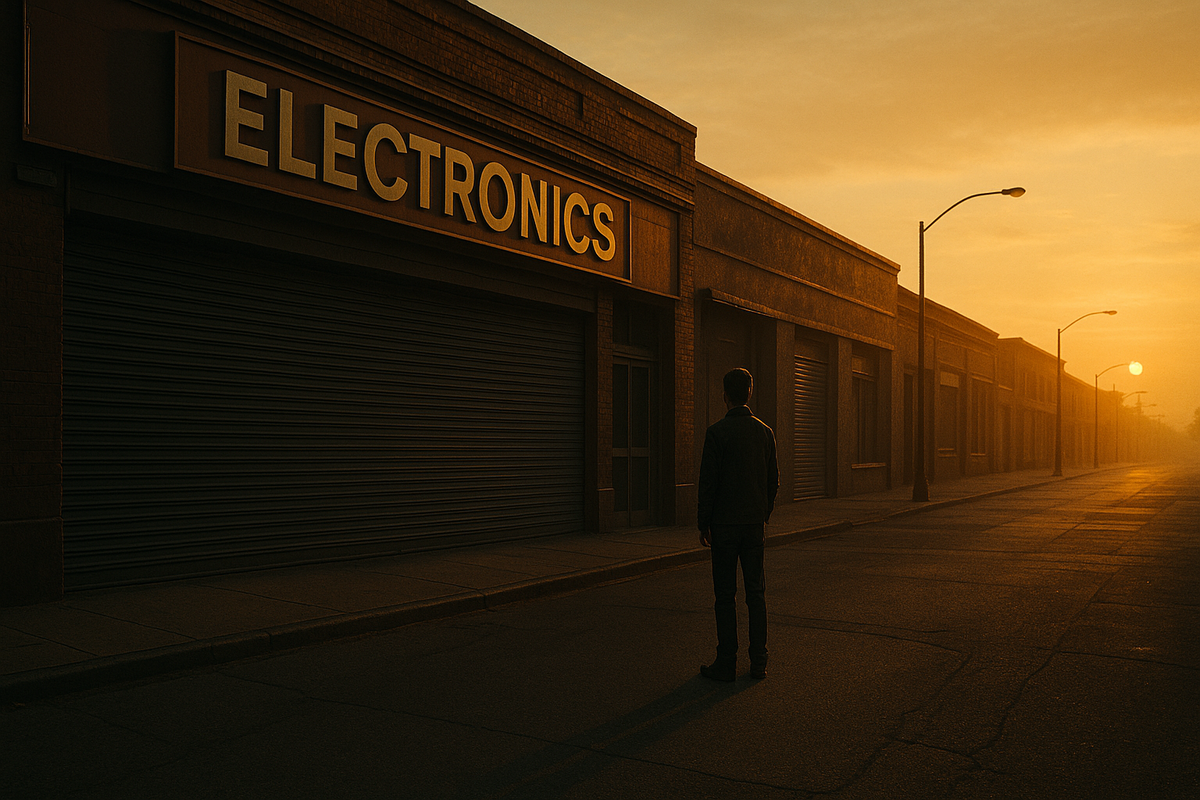 A hopeful shopper stands alone at dawn in front of a shuttered electronics store, bathed in golden morning light, clinging to the fading promise of finding something rare and long-awaited.