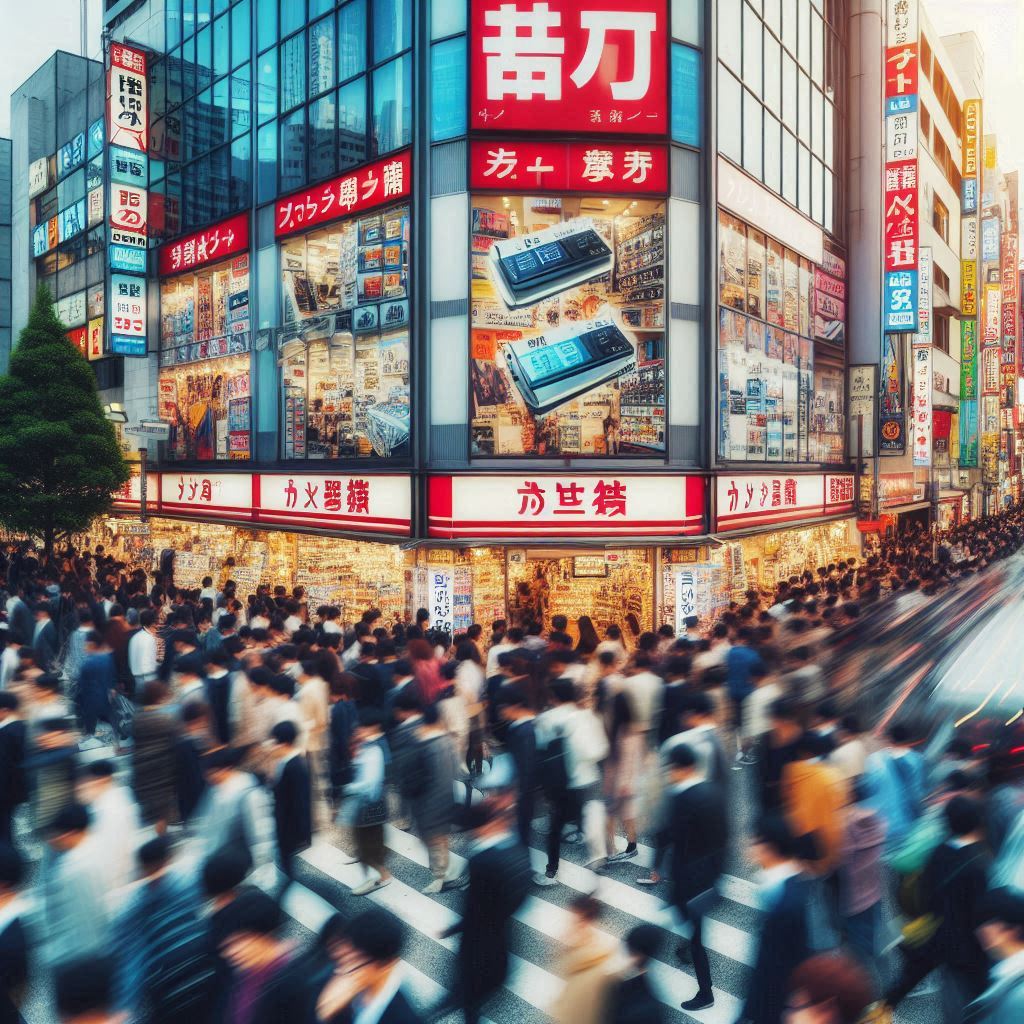 A vibrant surge of hopeful shoppers flooding a bustling electronics store in Tokyo’s glowing sunset — anticipation, energy, and the thrill of the hunt.