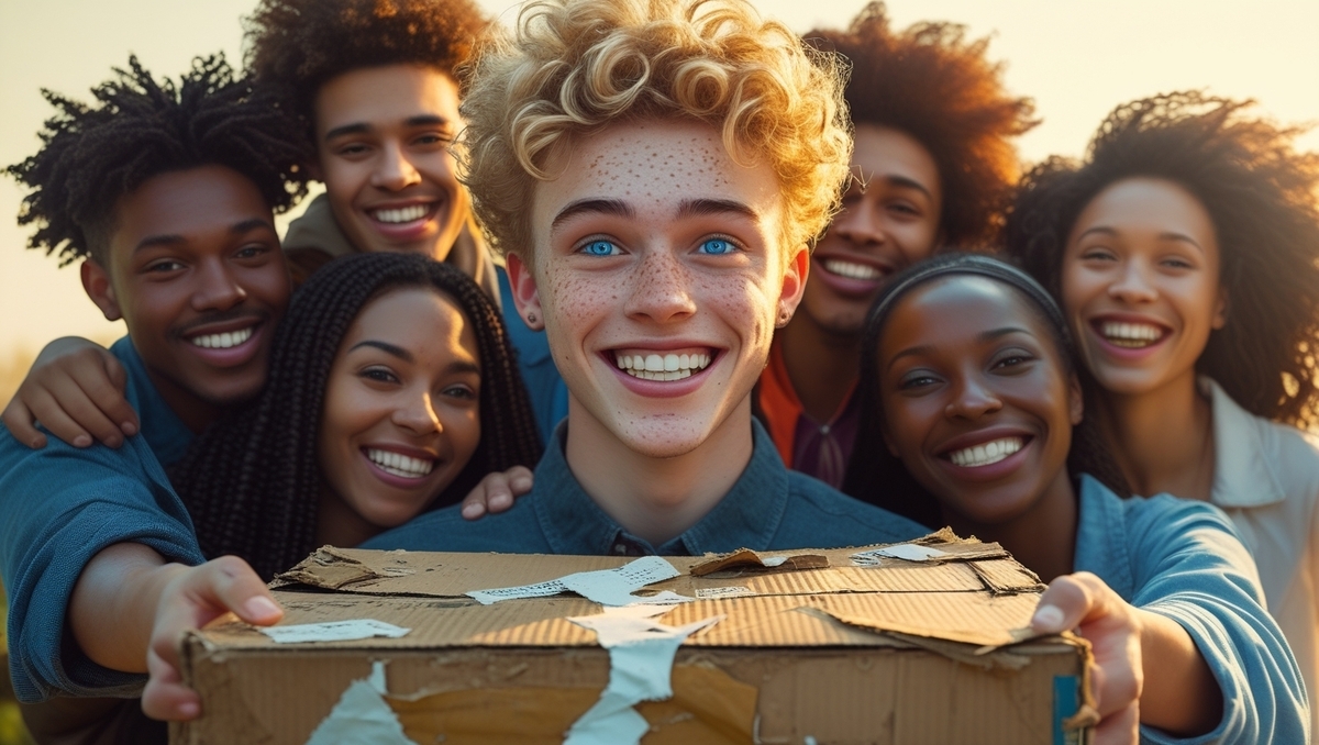 A group of joyful young friends in golden sunset light, smiling with sparkling eyes and holding a torn cardboard box filled with excitement and shared hope."