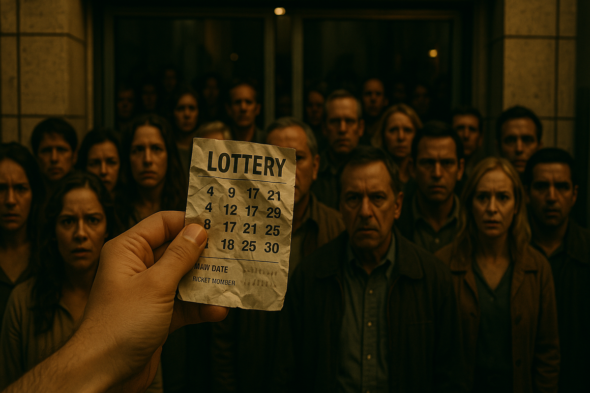 A tense moment of fate as a hand holds the winning lottery ticket, facing a silent, emotionless crowd—an eerie stillness before chaos, where destiny and fear collide.