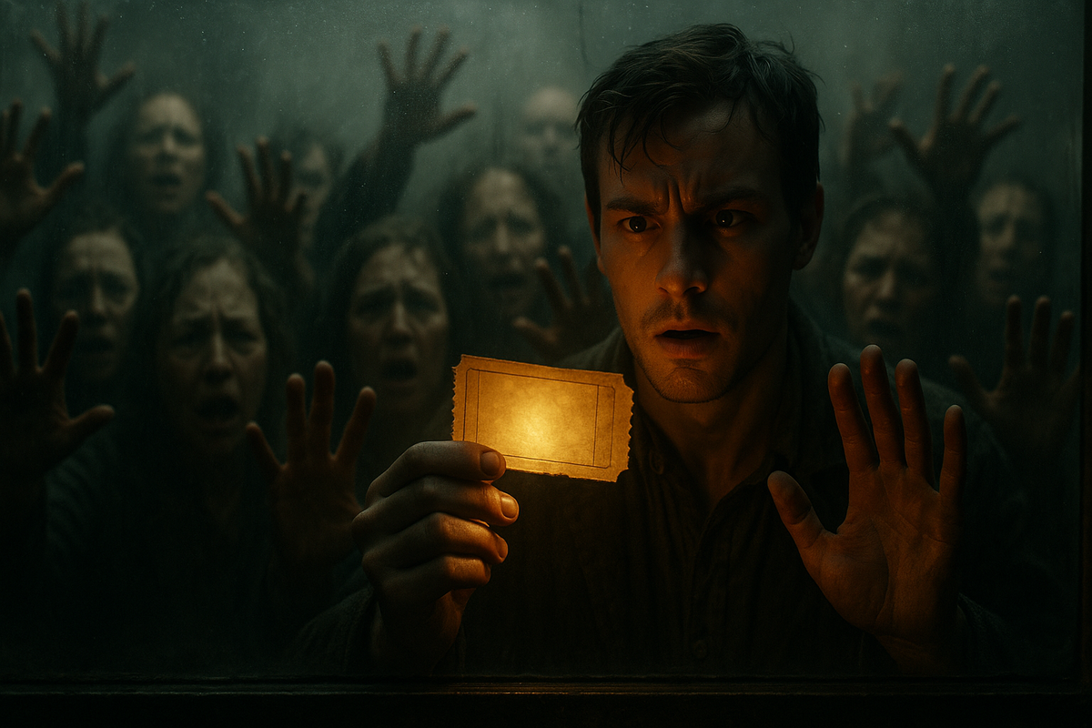 A man stands in shock and awe, holding a glowing ticket of hope as desperate faces press against a foggy glass behind him — capturing the raw tension, longing, and surreal joy of a rare win in a world of scarcity.