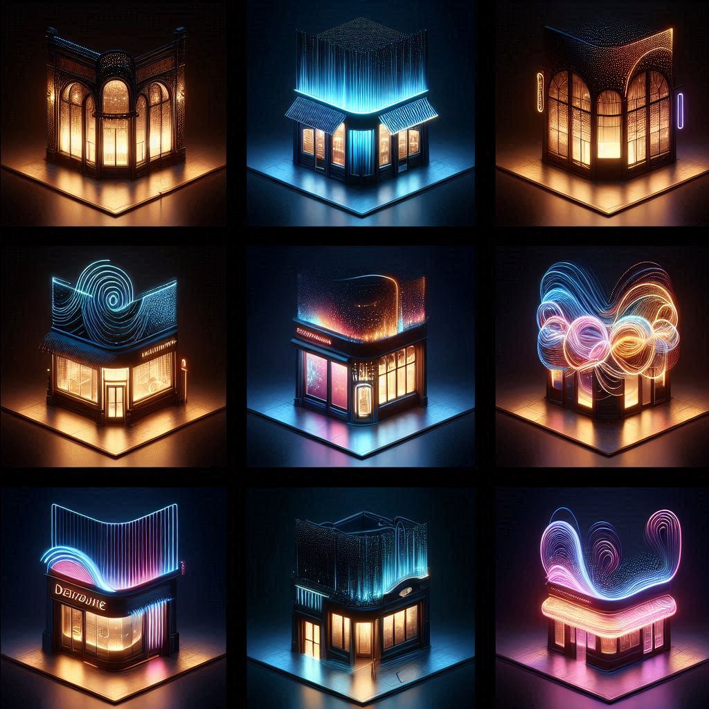 A dreamy, futuristic storefront glowing with vibrant blue light, evoking curiosity, mystery, and the irresistible charm of discovery.”