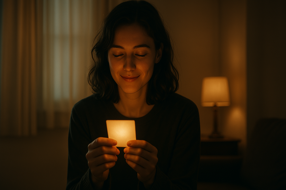 A softly smiling woman in a dimly lit room, gently holding a glowing card with quiet joy and heartfelt hope."
