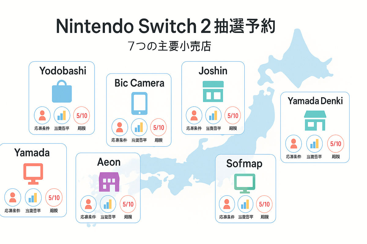 A warm and informative infographic showing Japan’s top 7 retailers offering Nintendo Switch 2 lottery pre-orders. Visual icons represent entry conditions, winning odds, and difficulty levels, evoking hope, clarity, and the excitement of a rare opportunity.