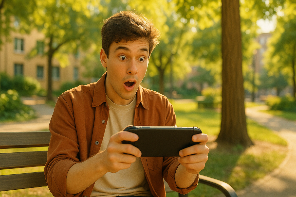 A young man experiencing pure excitement and surprise while playing a handheld console in a sunny park — a joyful outdoor gaming moment full of wonder and immersion.