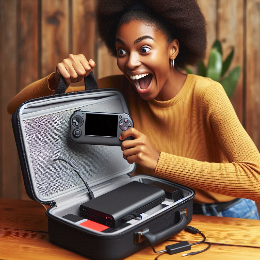 A joyful woman unboxing her portable game console from a sleek travel case, bursting with excitement and pure wonder in a cozy indoor setting.