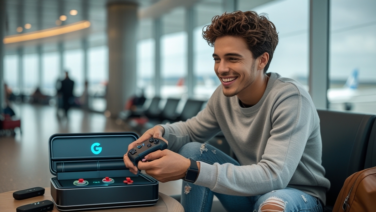 A cheerful young traveler enjoying a handheld gaming moment at the airport, smiling with excitement while unpacking his gear from a sleek travel case.