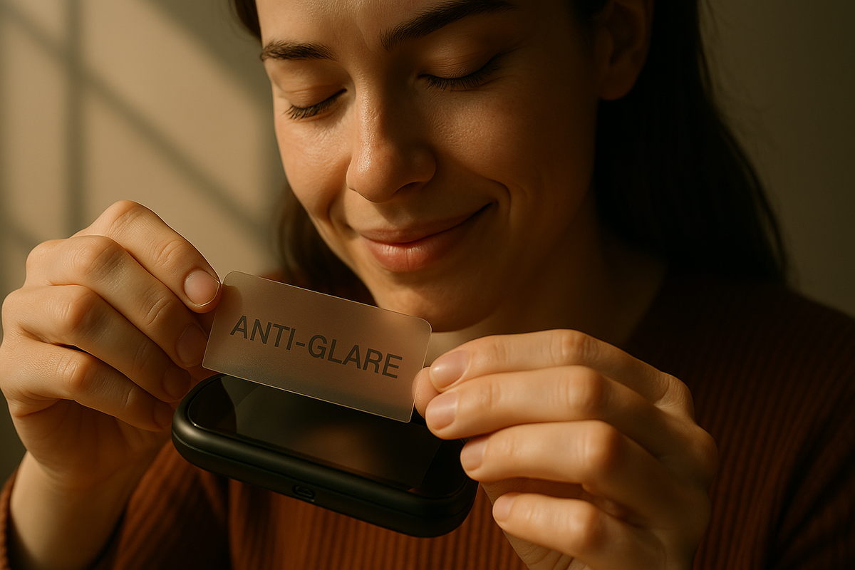 A calm and content woman gently applying an anti-glare screen protector to her handheld device, enjoying a quiet moment of care and clarity.