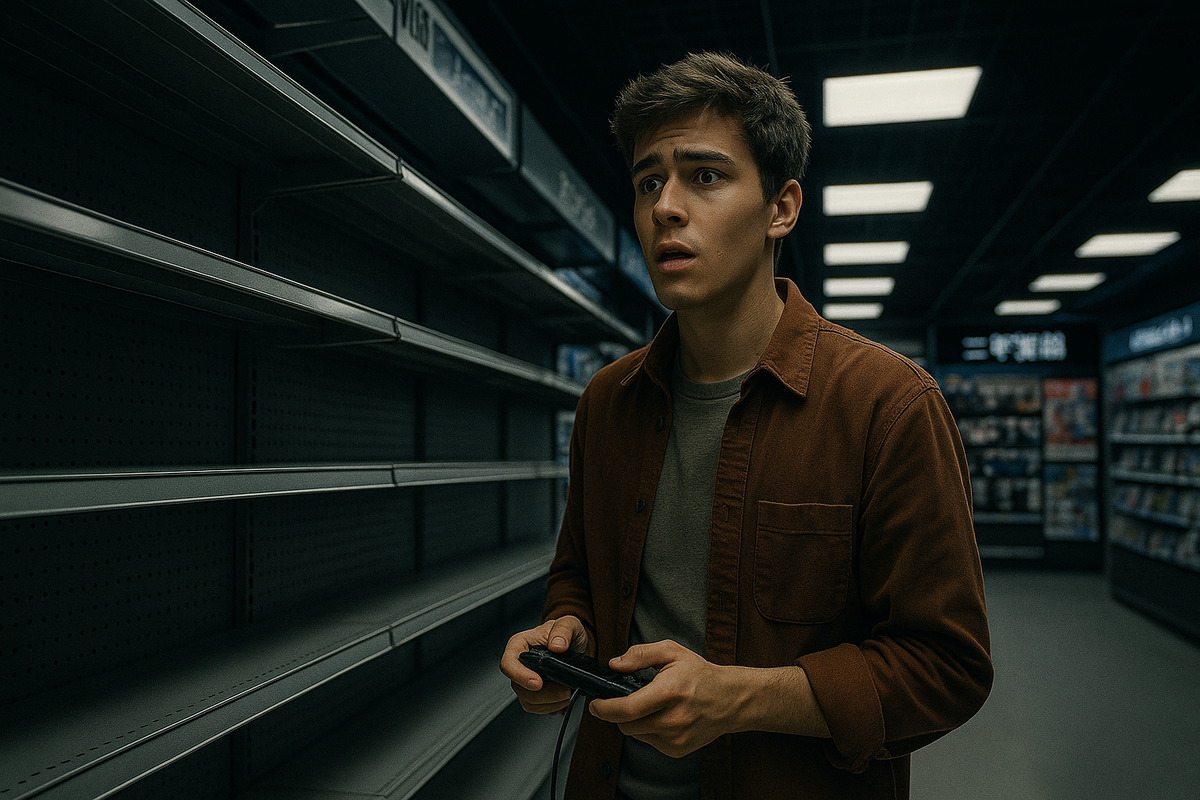 A shocked young man standing in front of empty shelves in a Japanese electronics store, clutching a game controller with disbelief — the raw frustration of missing out on the elusive Switch 2.