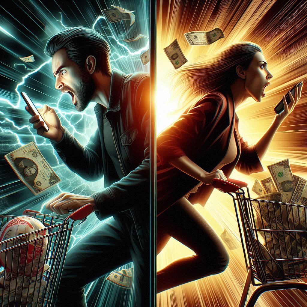A man and a woman fiercely checking their phones, lightning and explosion behind them, as cash flies through the air — the tension of missing out on a rare purchase.