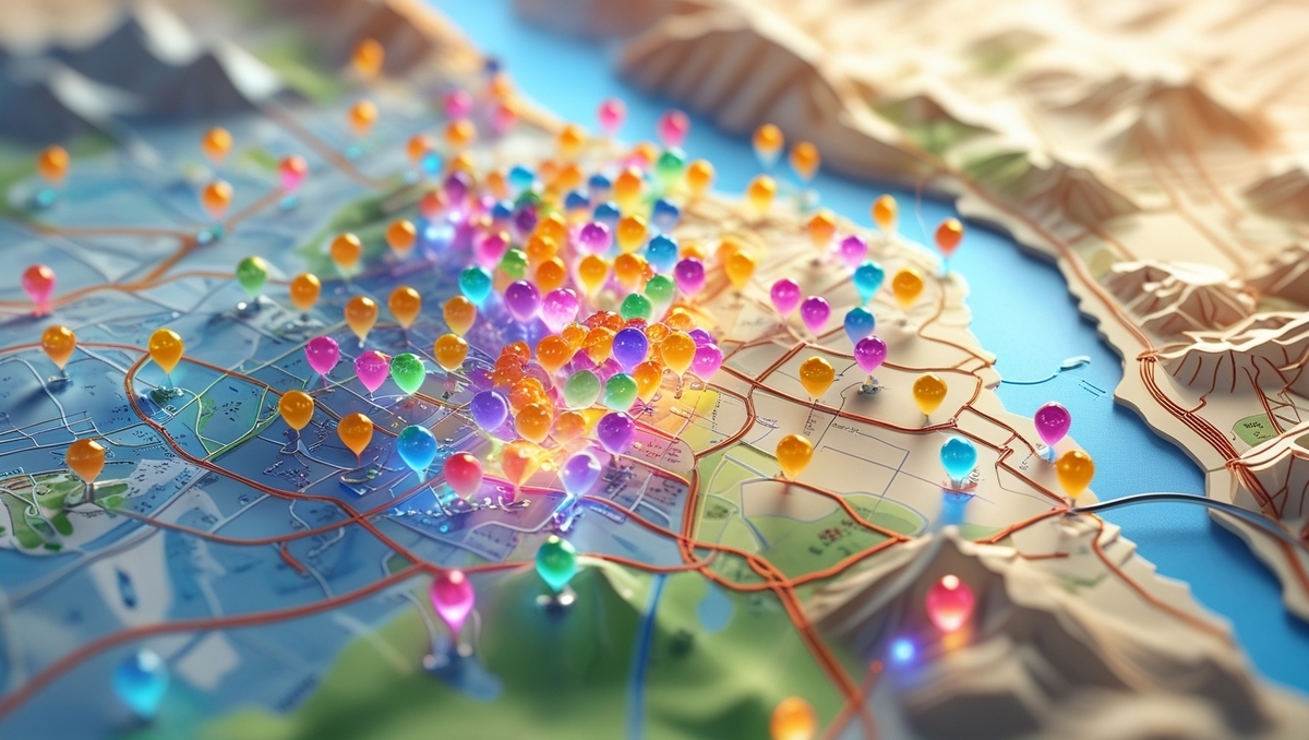 Vibrant map filled with colorful location pins symbolizing excitement and high hopes for in-store Switch 2 purchases across Hyogo. A burst of discovery and anticipation.
