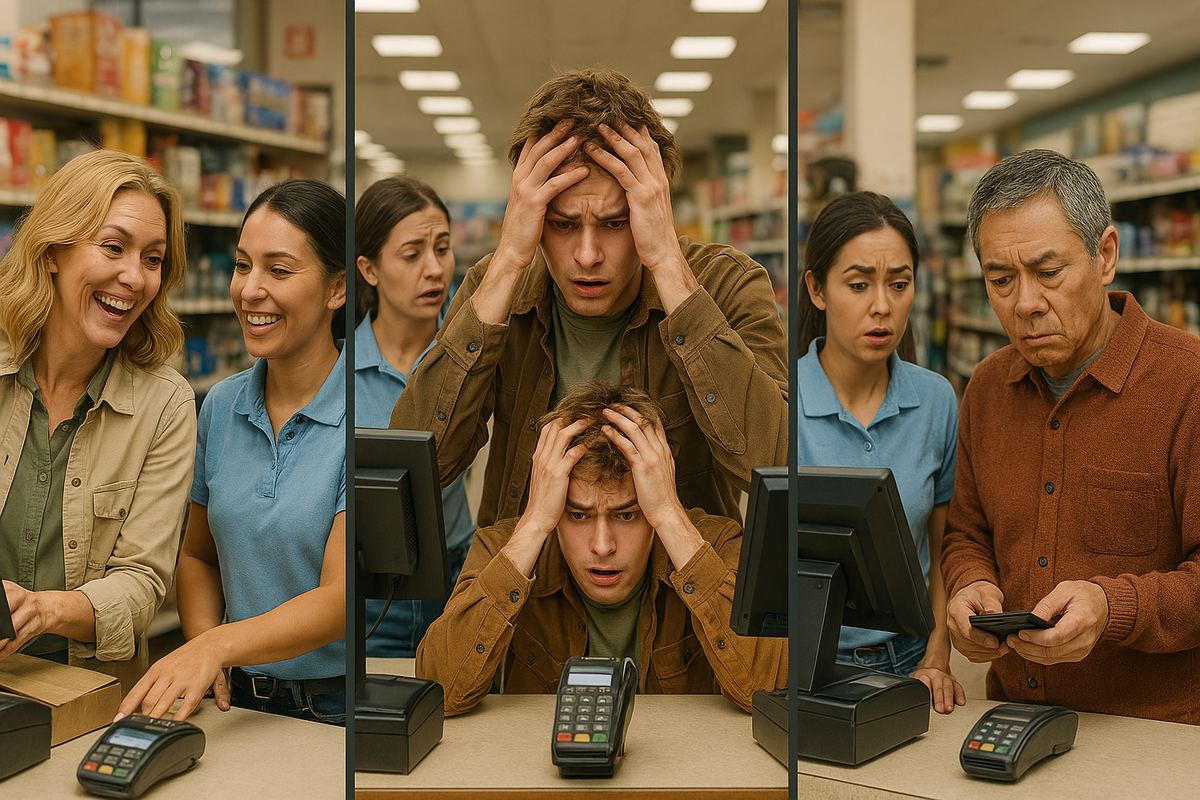Three intense reactions at a store checkout — joy, shock, and confusion — capturing the emotional rollercoaster of in-store lottery or console pre-orders.