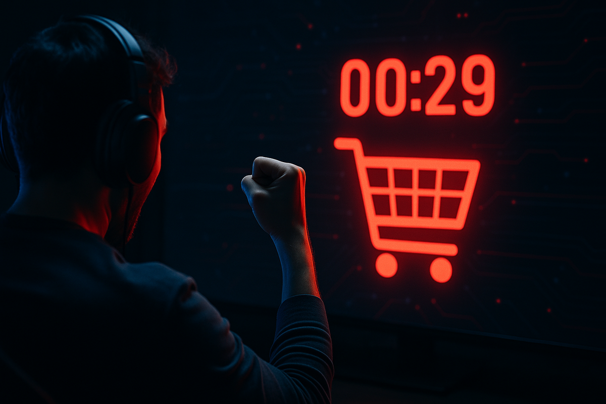 Electrifying anticipation—head-phoned gamer pumps his fist as a glowing 29-second countdown and neon cart icon signal a last-chance Switch2 checkout rush.