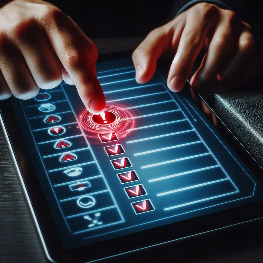 High-stakes decision—focused hands tap a glowing red alert on a futuristic checklist, radiating urgency and anticipation.